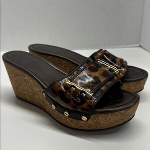 Tory Burch Pamela Sandals Platform Cork Wedges Shoes Open Toe Cheetah Brown 8